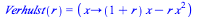 Verhulst(r) = (proc (x) options operator, arrow; `+`(`*`(`+`(1, r), `*`(x)), `-`(`*`(r, `*`(`^`(x, 2))))) end proc)